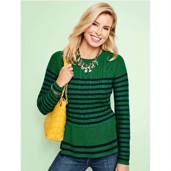 Talbots Deep Green and Navy Cable Knit Peplum Sweater, Medium Petite - Picture 1 of 14